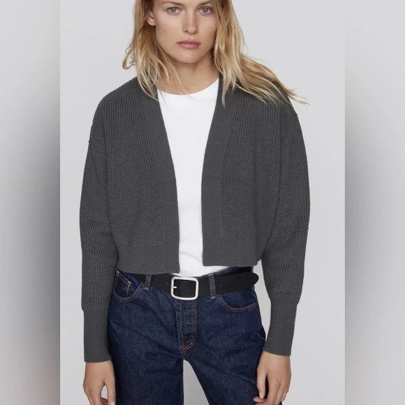 Zara Purl Knit  Open Front Ribbed Knit Cardigan Sweater Grey Size Medium - Picture 1 of 9